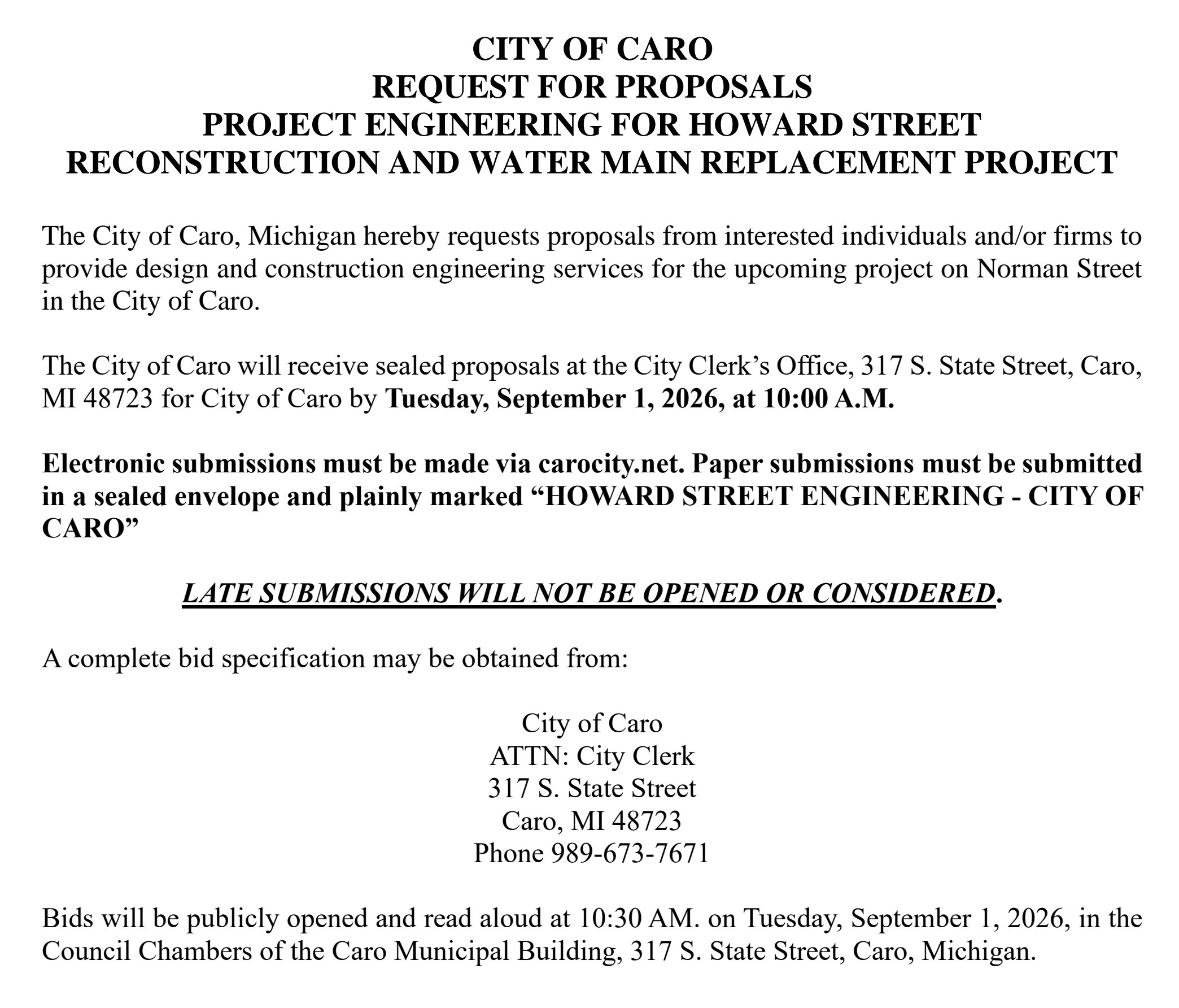 Howard Project Engineering RFP Cover Page